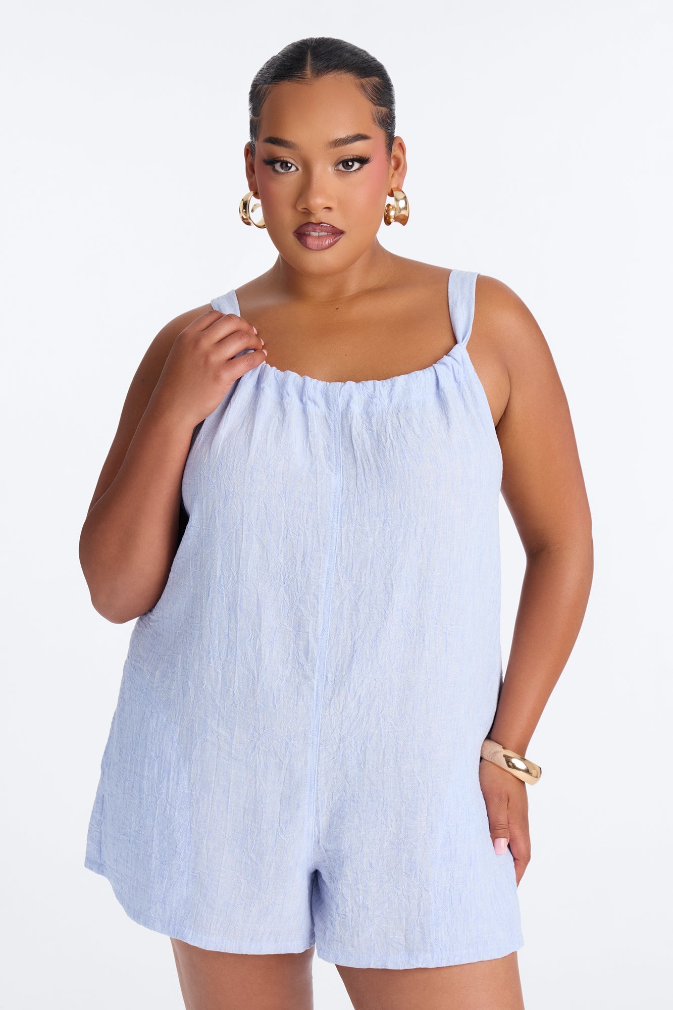 Jeanie Flowy Linen Romper - Blue Fashion Nova