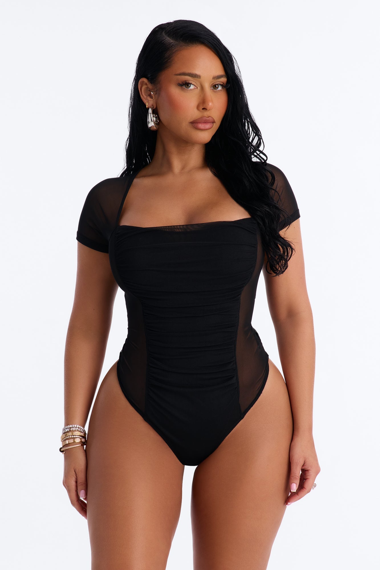 Lilly Ruched Sheer Mesh Short Sleeve Bodysuit - Black NEWFASHIONEDGE