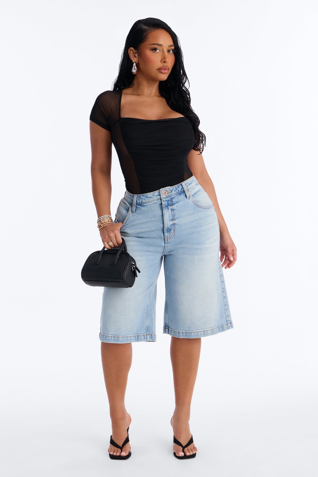 Lilly Ruched Sheer Mesh Short Sleeve Bodysuit - Black NEWFASHIONEDGE
