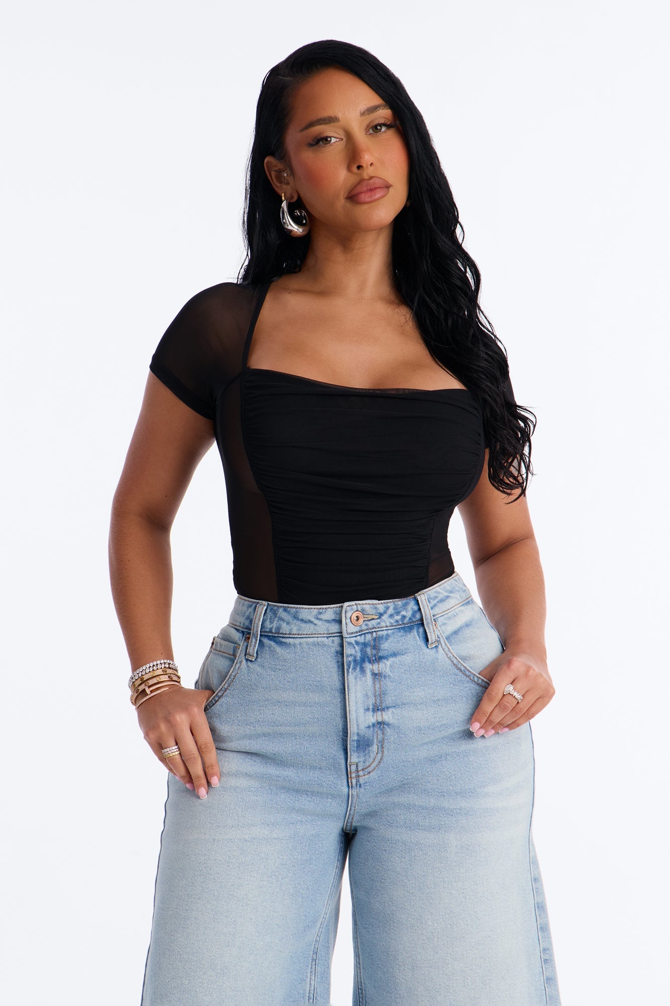 Lilly Ruched Sheer Mesh Short Sleeve Bodysuit - Black