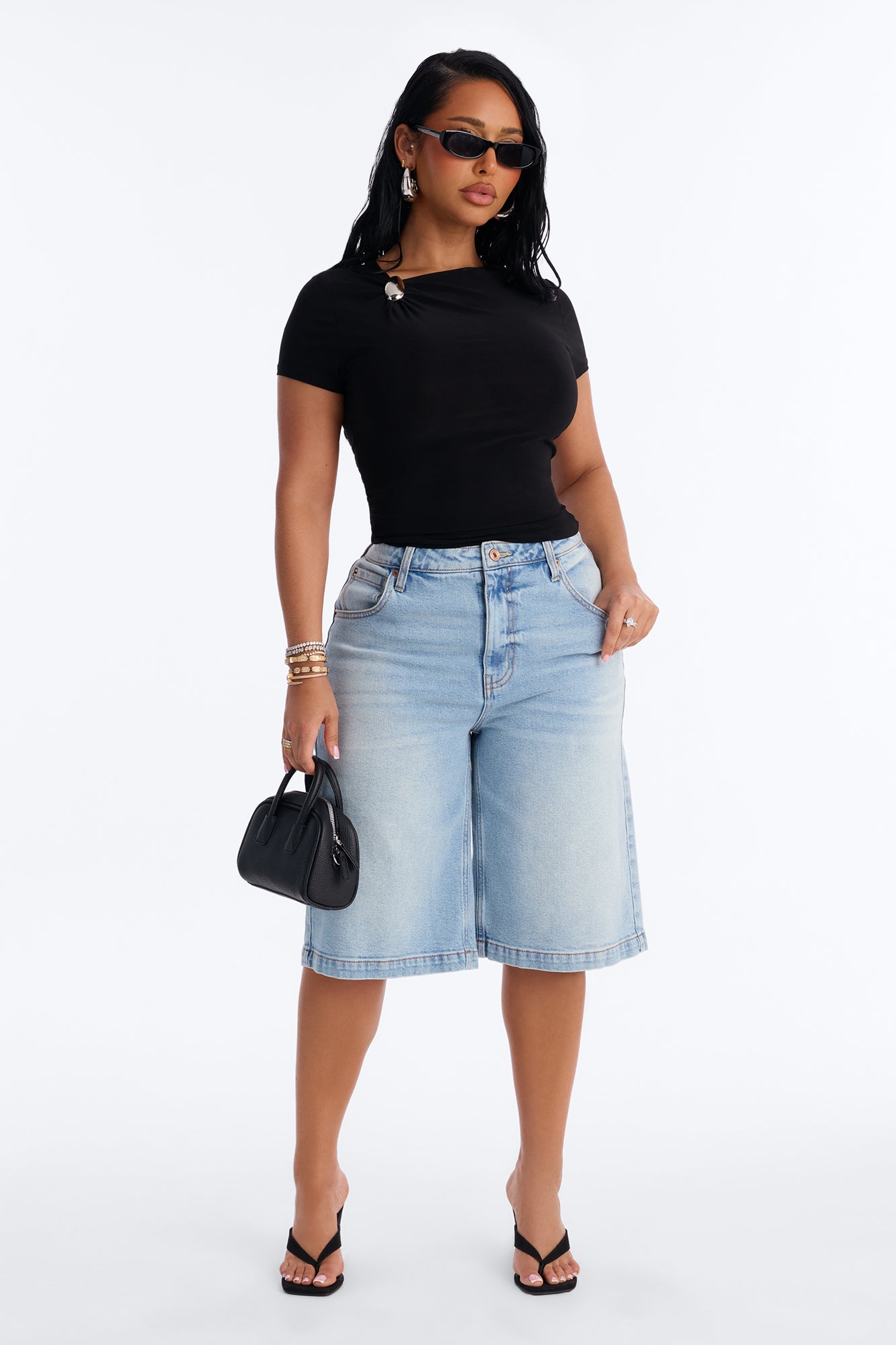 Lexi Hardware Asymmetrical Neck Short Sleeve Top - Black NEWFASHIONEDGE