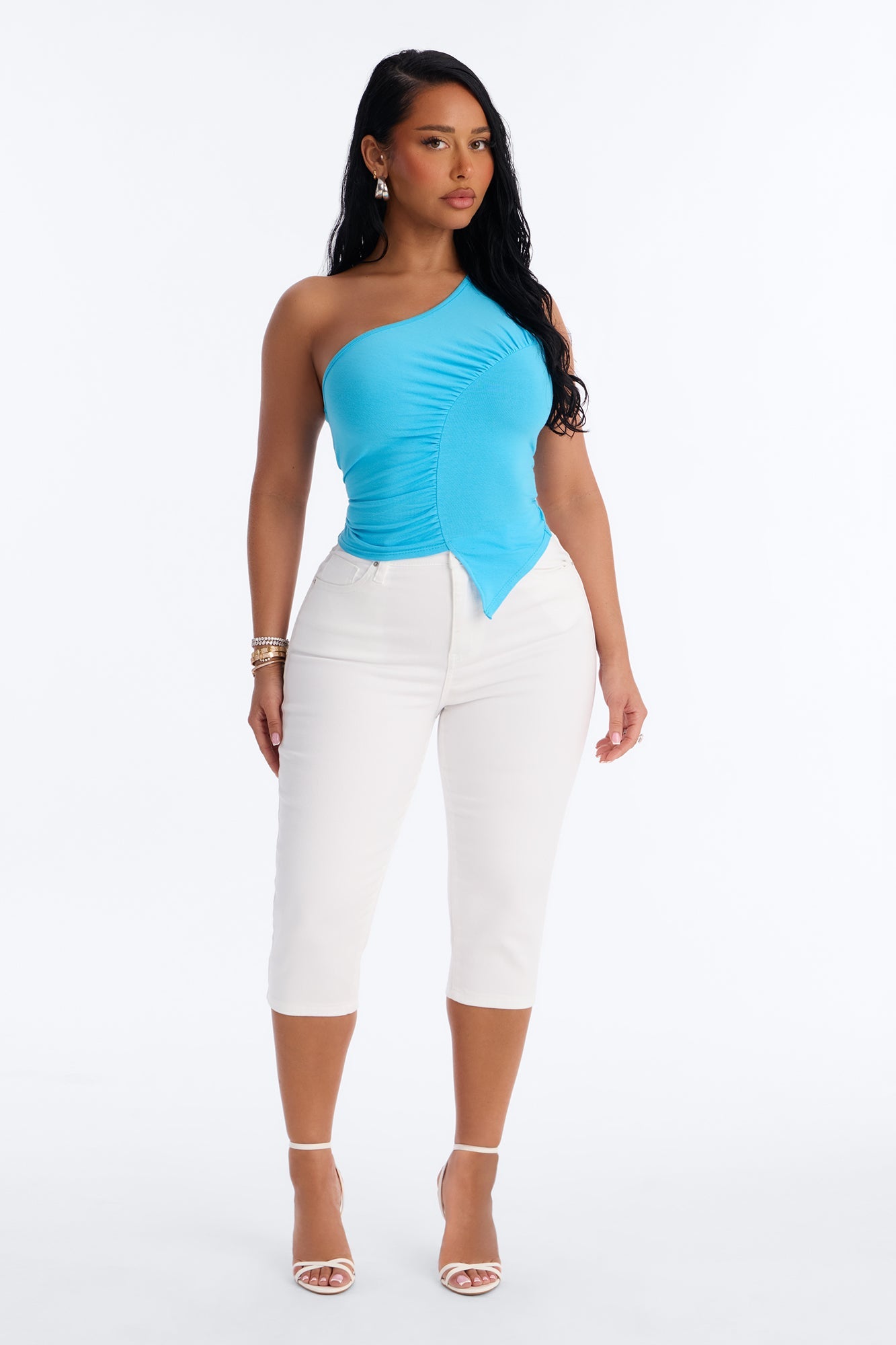 Malika Ruched One Shoulder Sleeveless Top - Blue