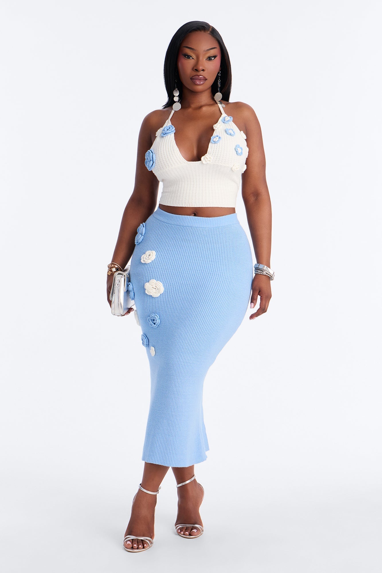Mae Flower Sweater Midi Skirt Set - Light Blue NEWFASHIONEDGE