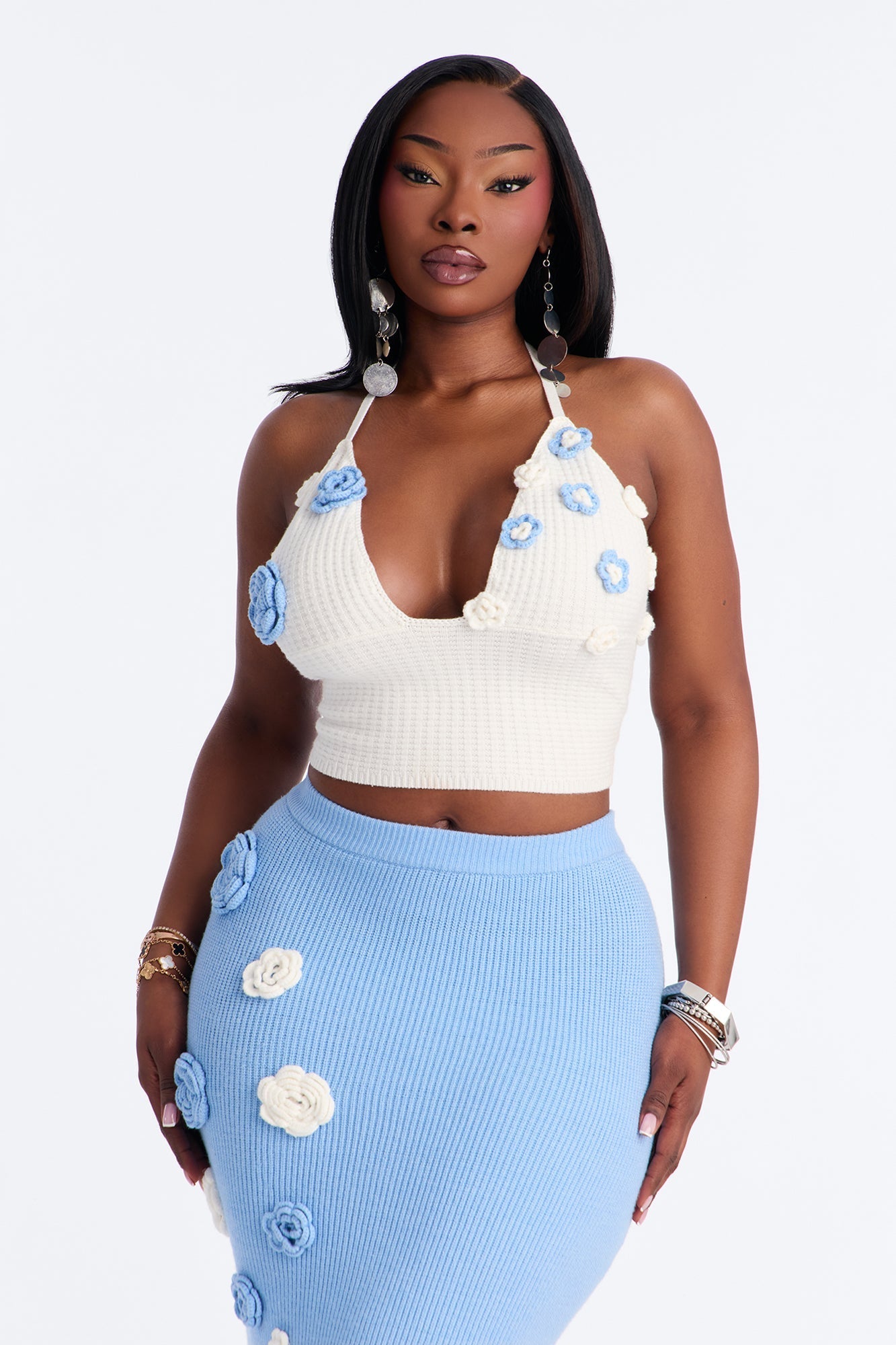 Mae Flower Sweater Midi Skirt Set - Light Blue NEWFASHIONEDGE