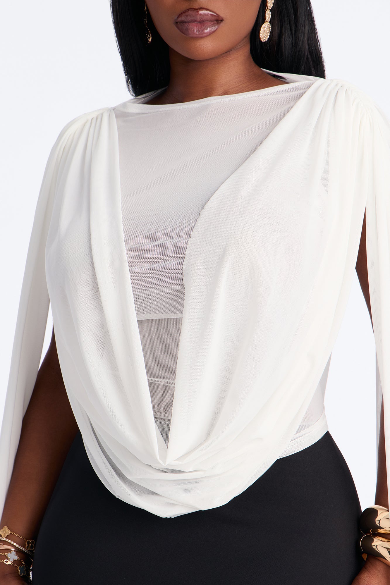 Ethereal Energy Mesh Mock Neck Drape Top - White
