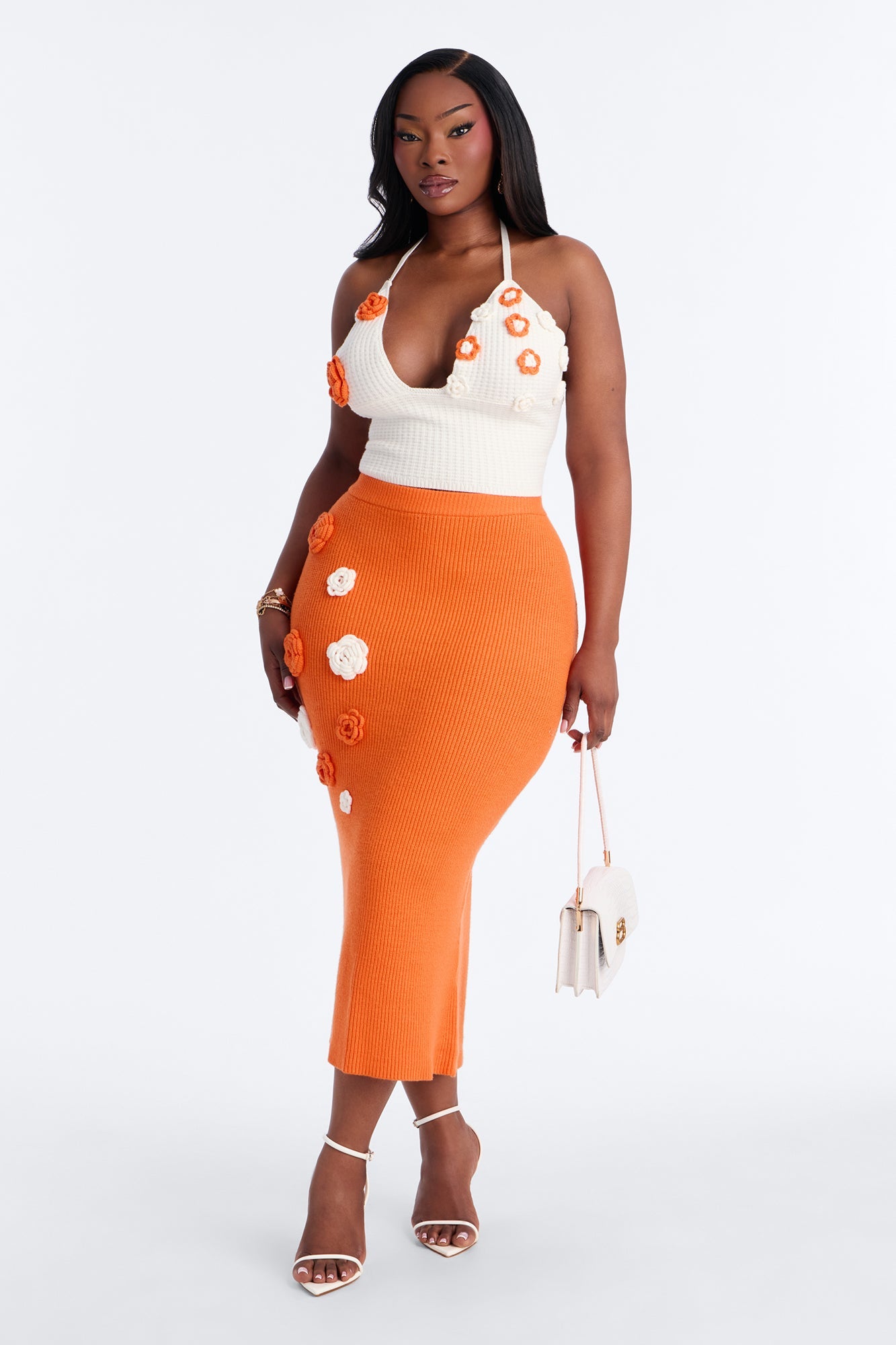 Mae Flower Sweater Midi Skirt Set - Orange