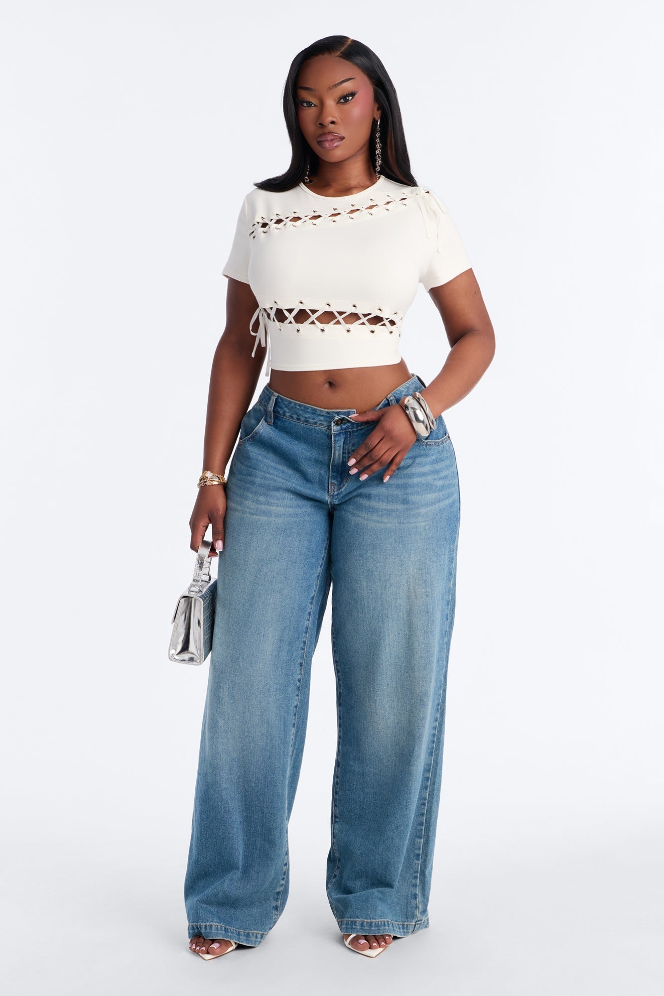Pull My Heartstrings Lace Up Short Sleeve Top - White NEWFASHIONEDGE