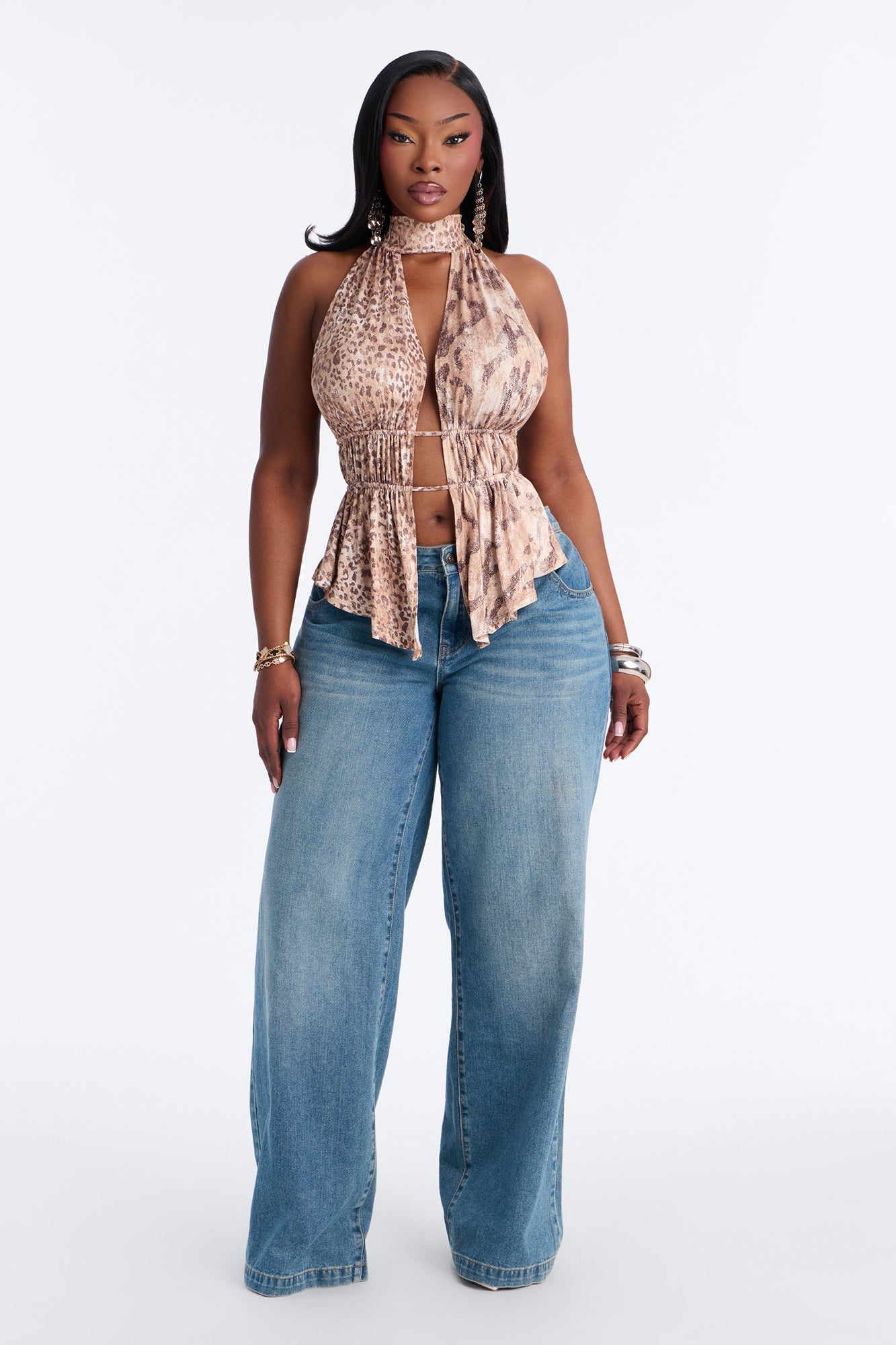 Fierce Attraction High Neck Flyaway Halter Top - Taupe/combo