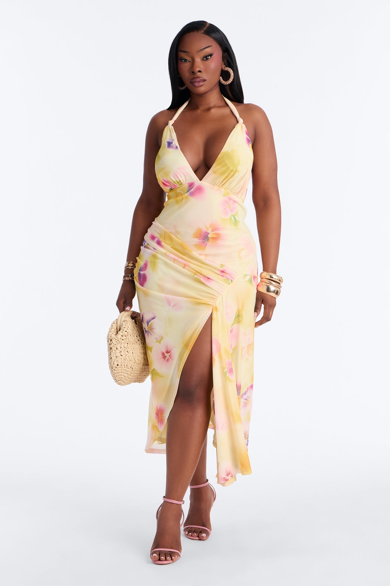 Kaitlin Floral Mesh Midi Dress - Yellow/combo NEWFASHIONEDGE