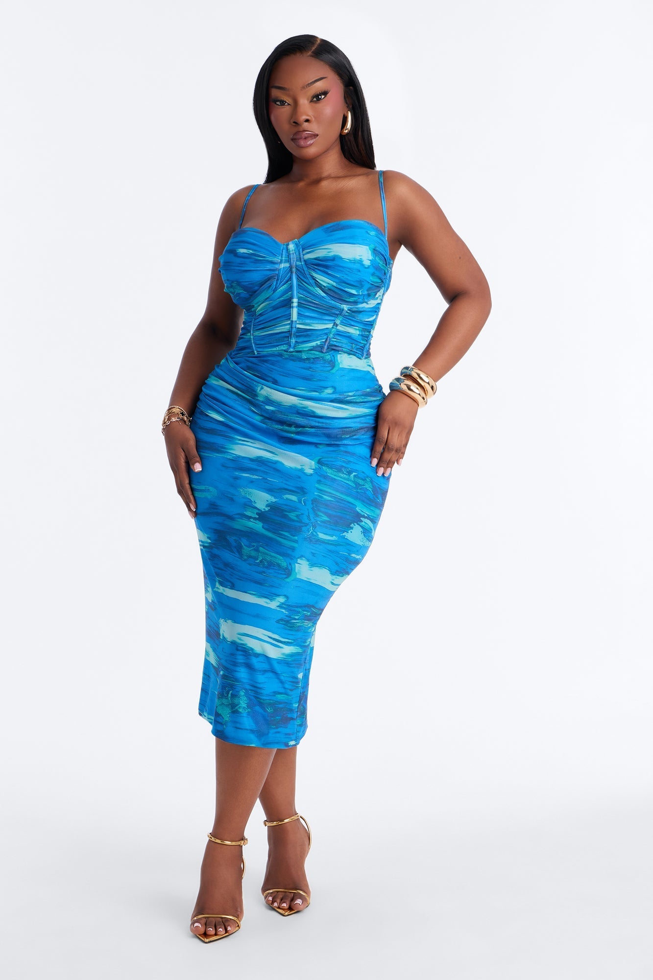 Jordan Corset Tie Dye Mesh Midi Dress - Blue