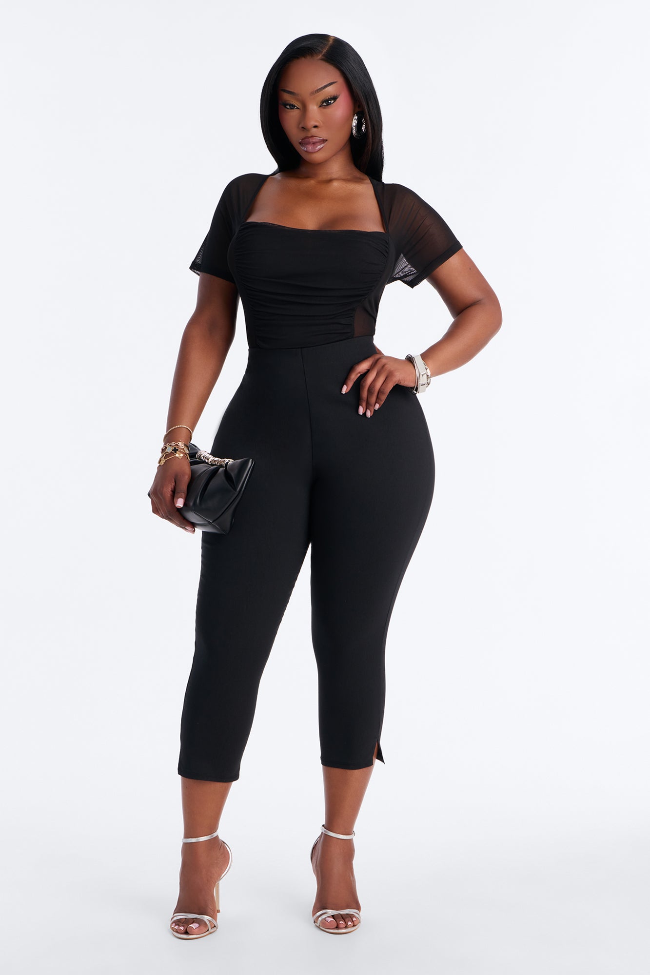 Lilly Ruched Sheer Mesh Short Sleeve Bodysuit - Black