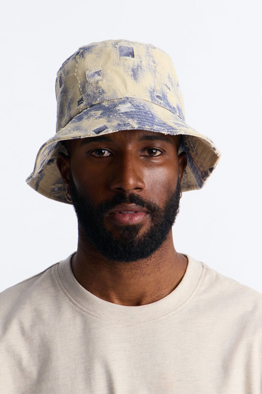 Distressed Detail Painted Denim Bucket Hat - Cream/combo