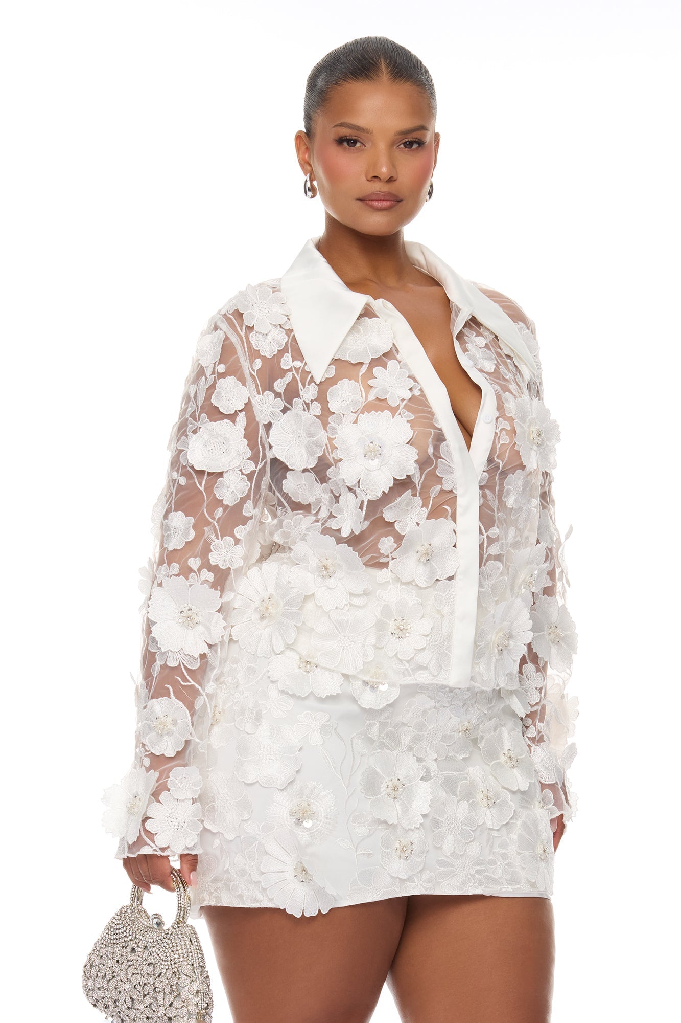 Flower Fields Embroidered Skirt Set - White NEWFASHIONEDGE