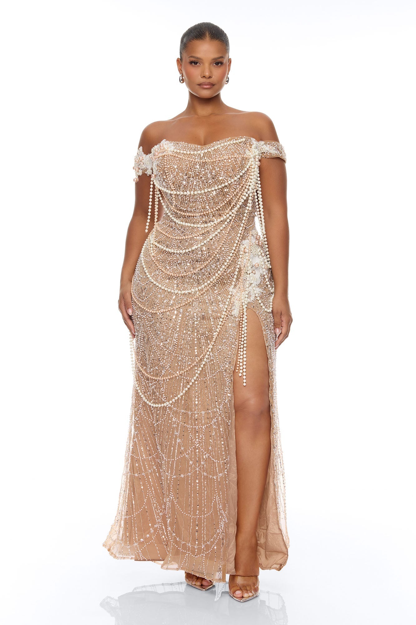 Diamonds And Pearls Embellished Gown - Nude NEWFASHIONEDGE