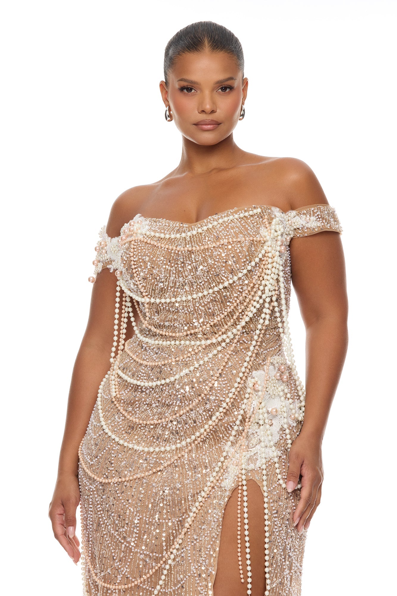 Diamonds And Pearls Embellished Gown - Nude