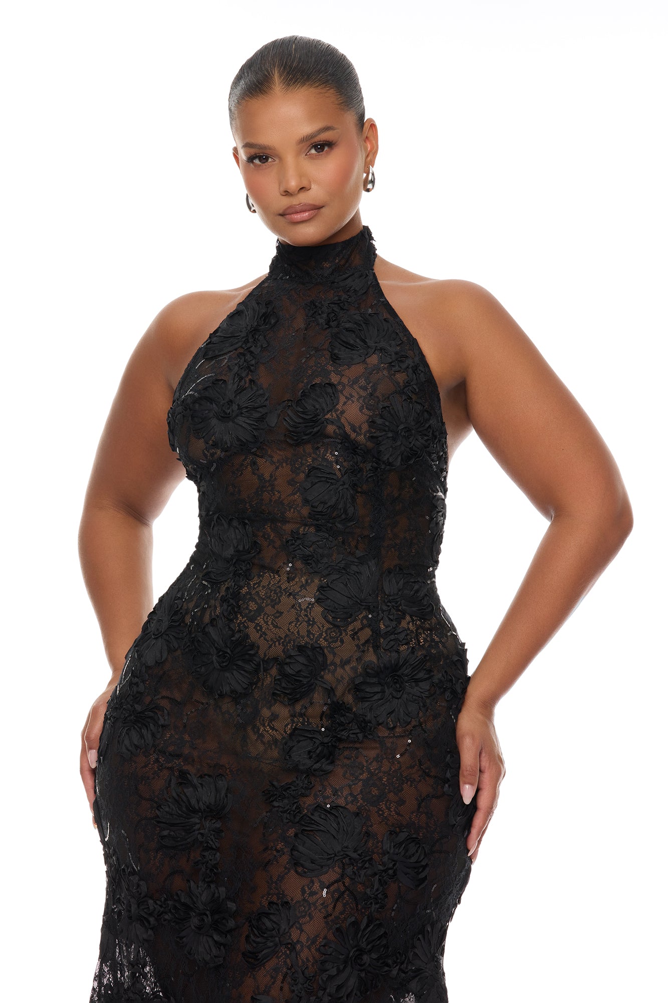 Marlene Sheer Lace Maxi Dress - Black