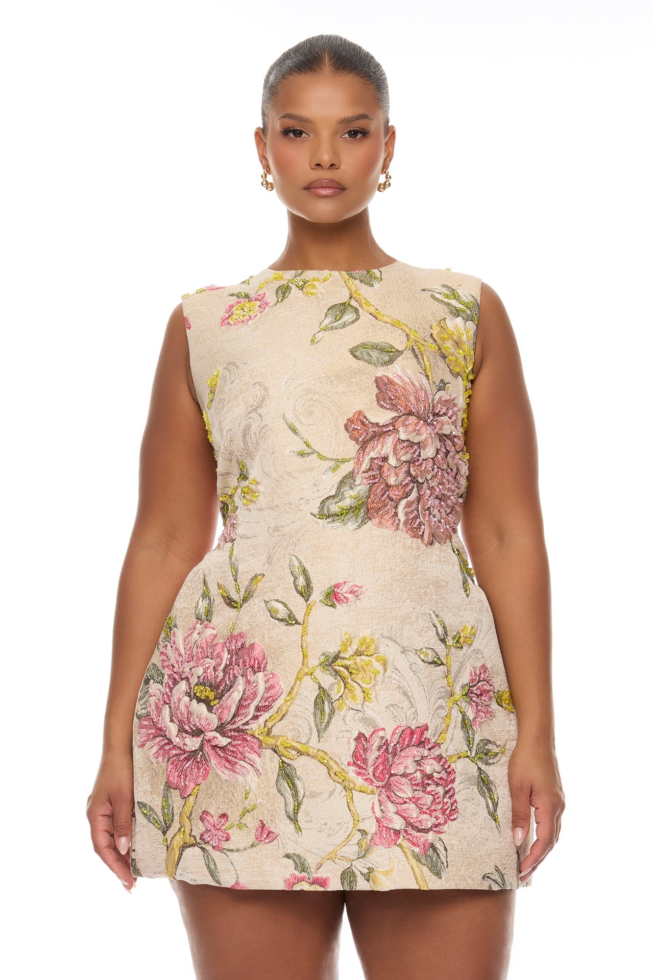 Riannon Jacquard Embellished Mini Dress - Taupe