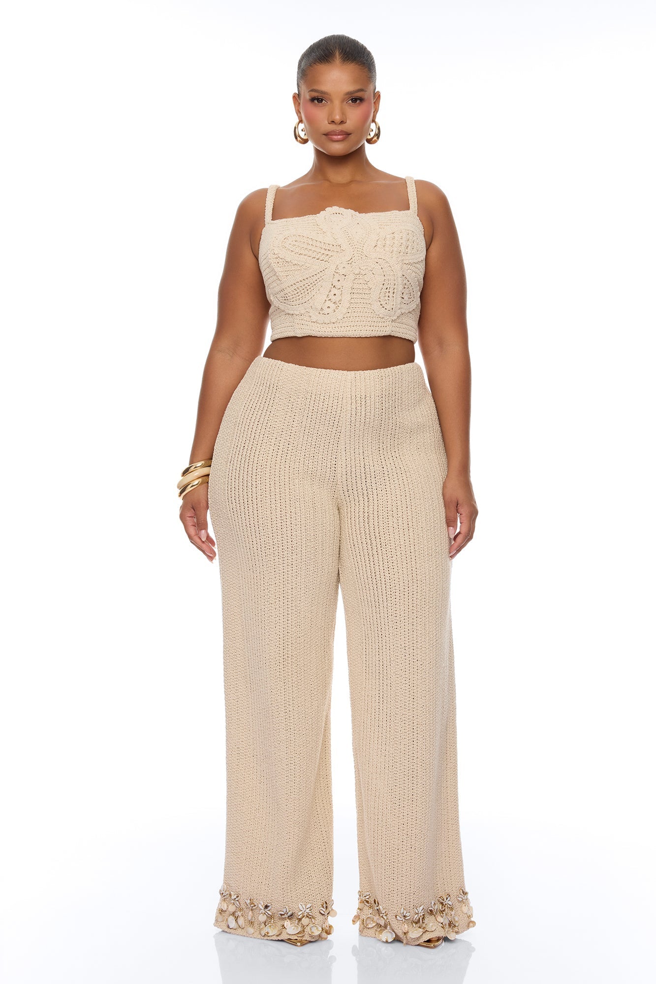 Coastal Vibe Shell Crochet Pant Set - Sand