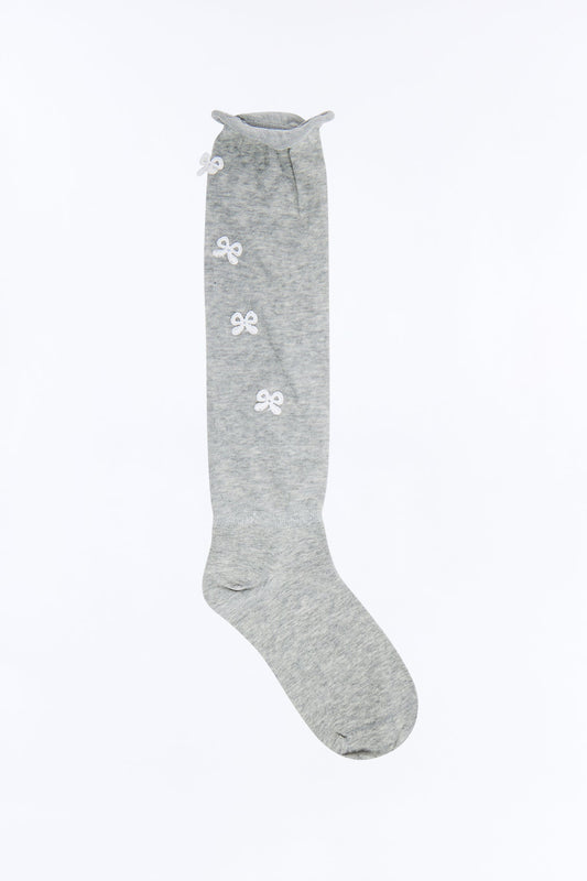 Bows On Bows Knee High Socks - Grey