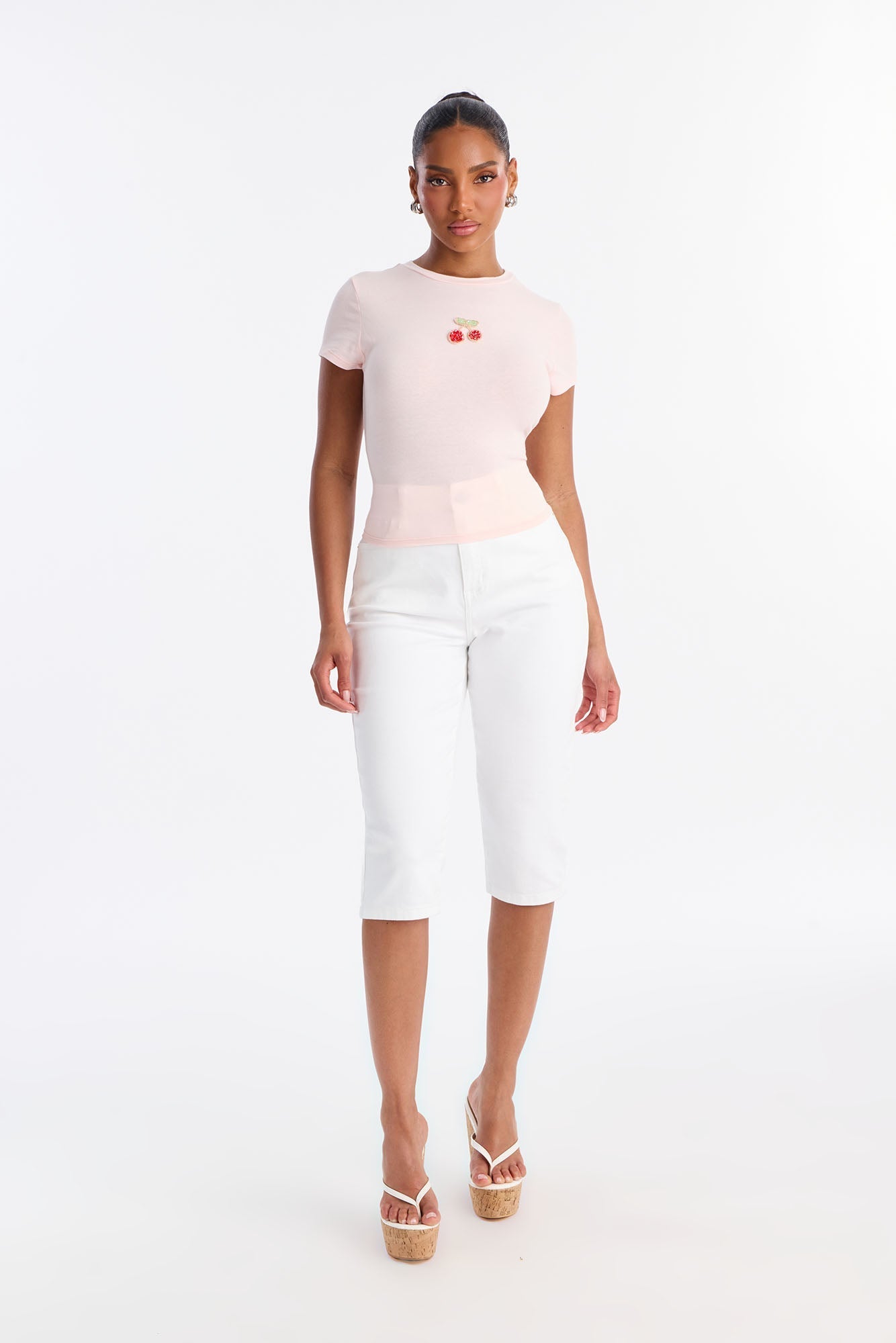 Cherry Embellished Baby Tee - Light Pink