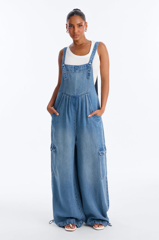 Nosara Drapey Denim Overalls - Vintage Wash