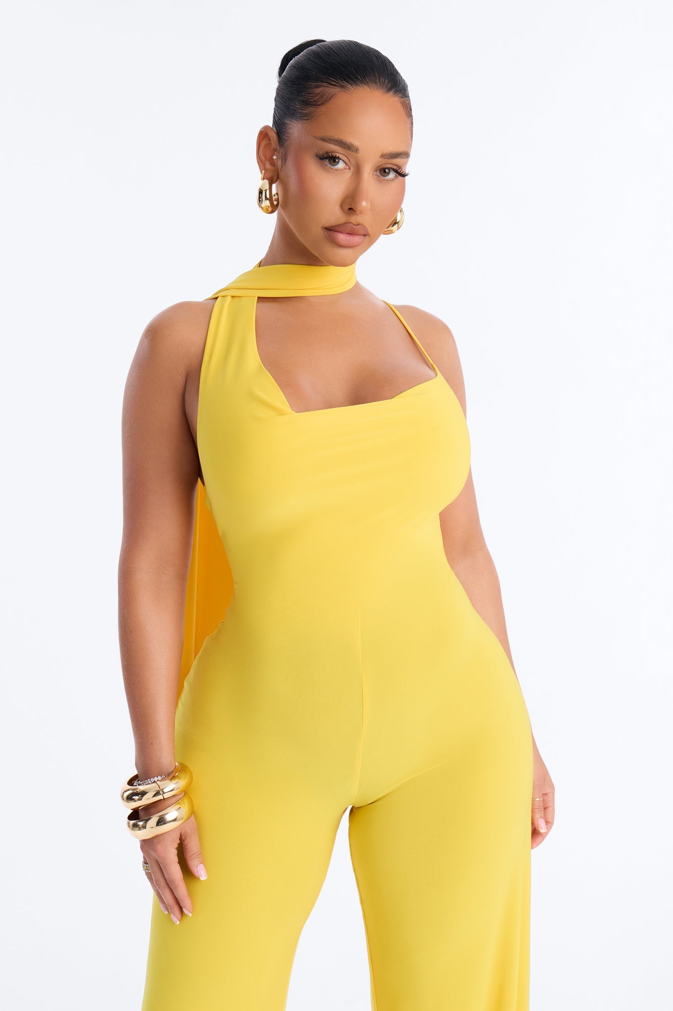 Maliyah Draped Scarf Wide Leg Jumpsuit - Yellow