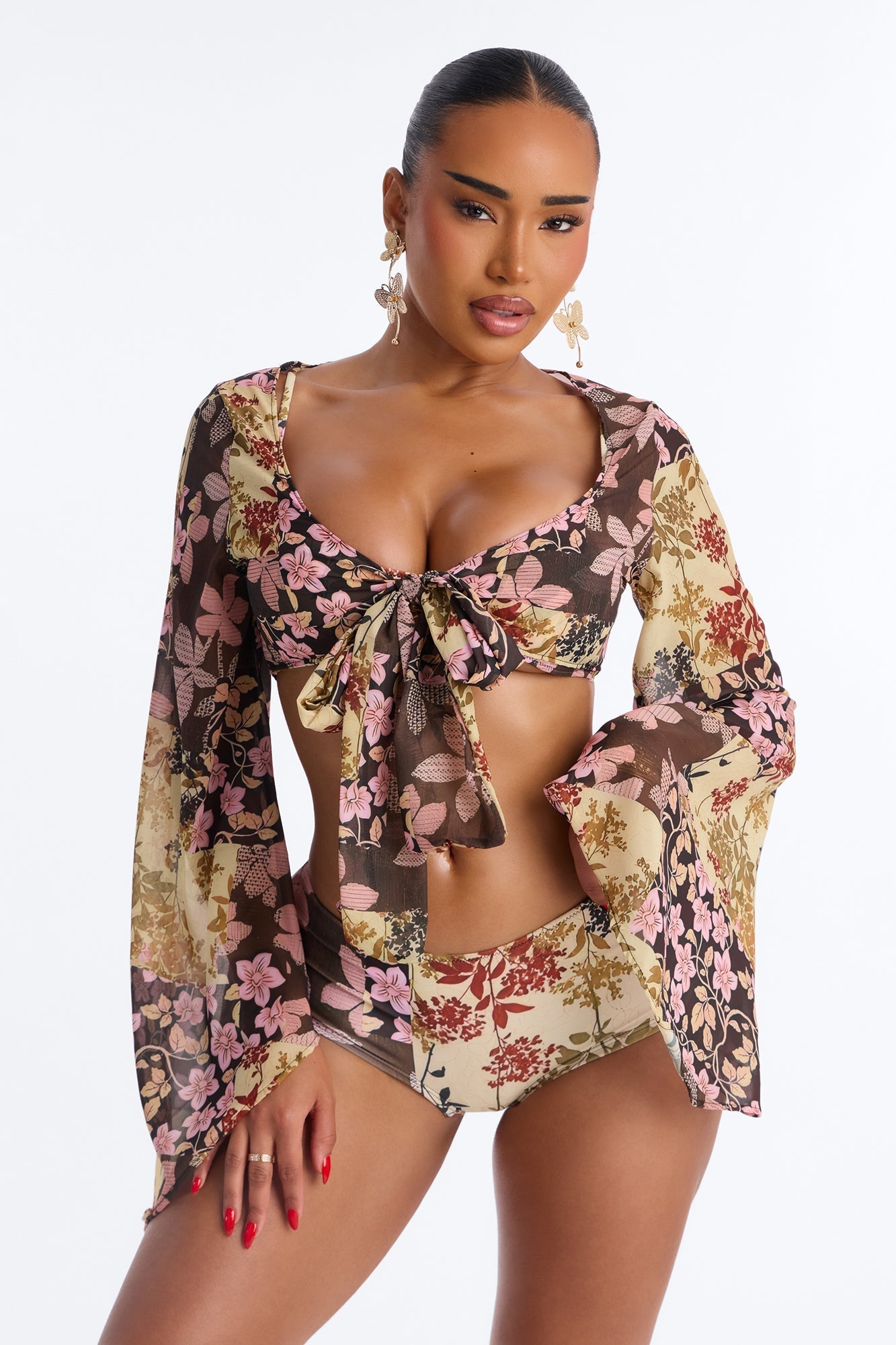 Warm Vacay Sheer Flare Sleeve Front Tie Boyshort 3 Piece Bikini Set - Brown/combo