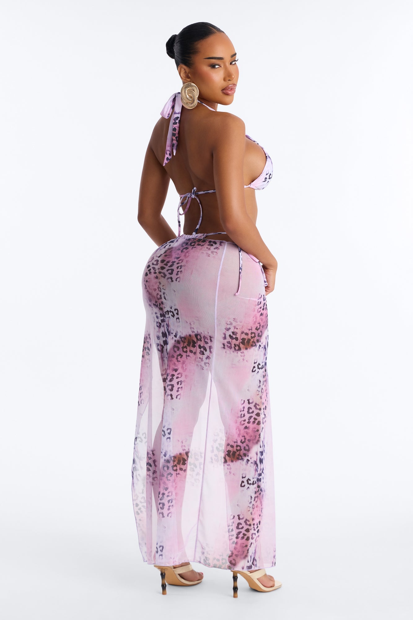 Harley 3 Piece Leopard Halter Bikini & Cover Up Sarong Sunsuit - Pink/combo