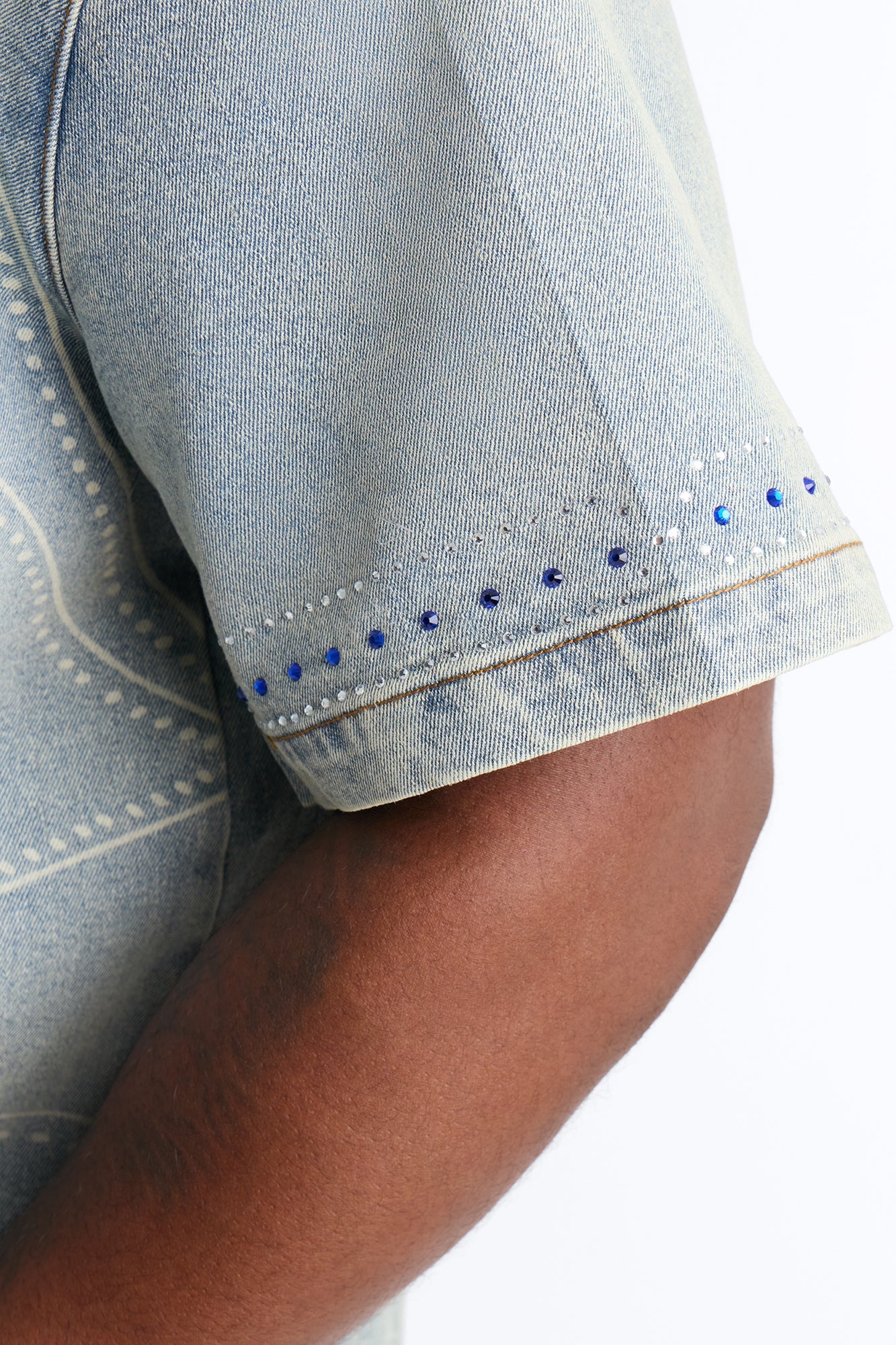 Rhinestone Bandana Boxy Denim Button Up Shirt - Light Blue Wash