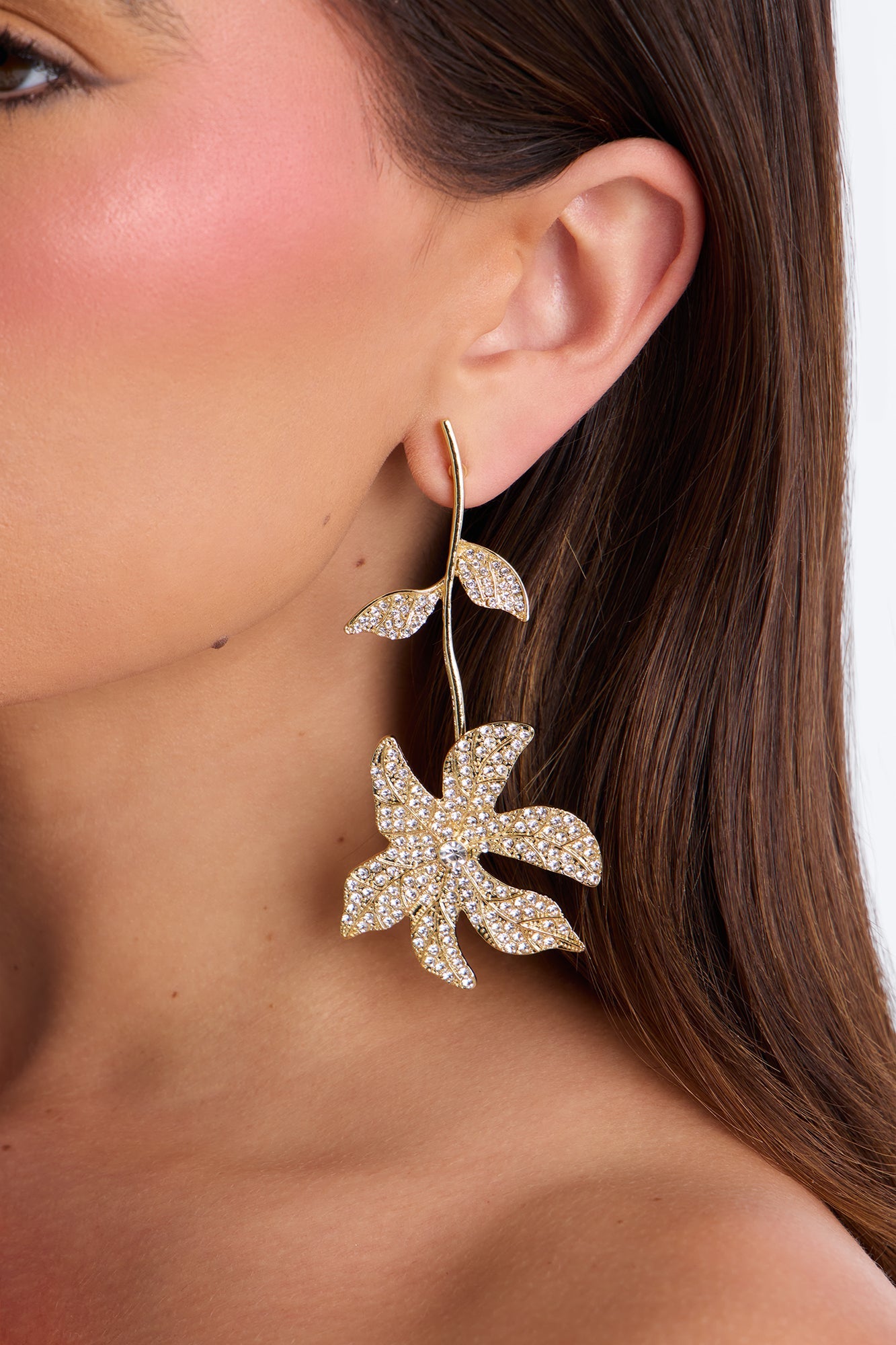 Smell The Flowers Rhinestone Earrings - Gold