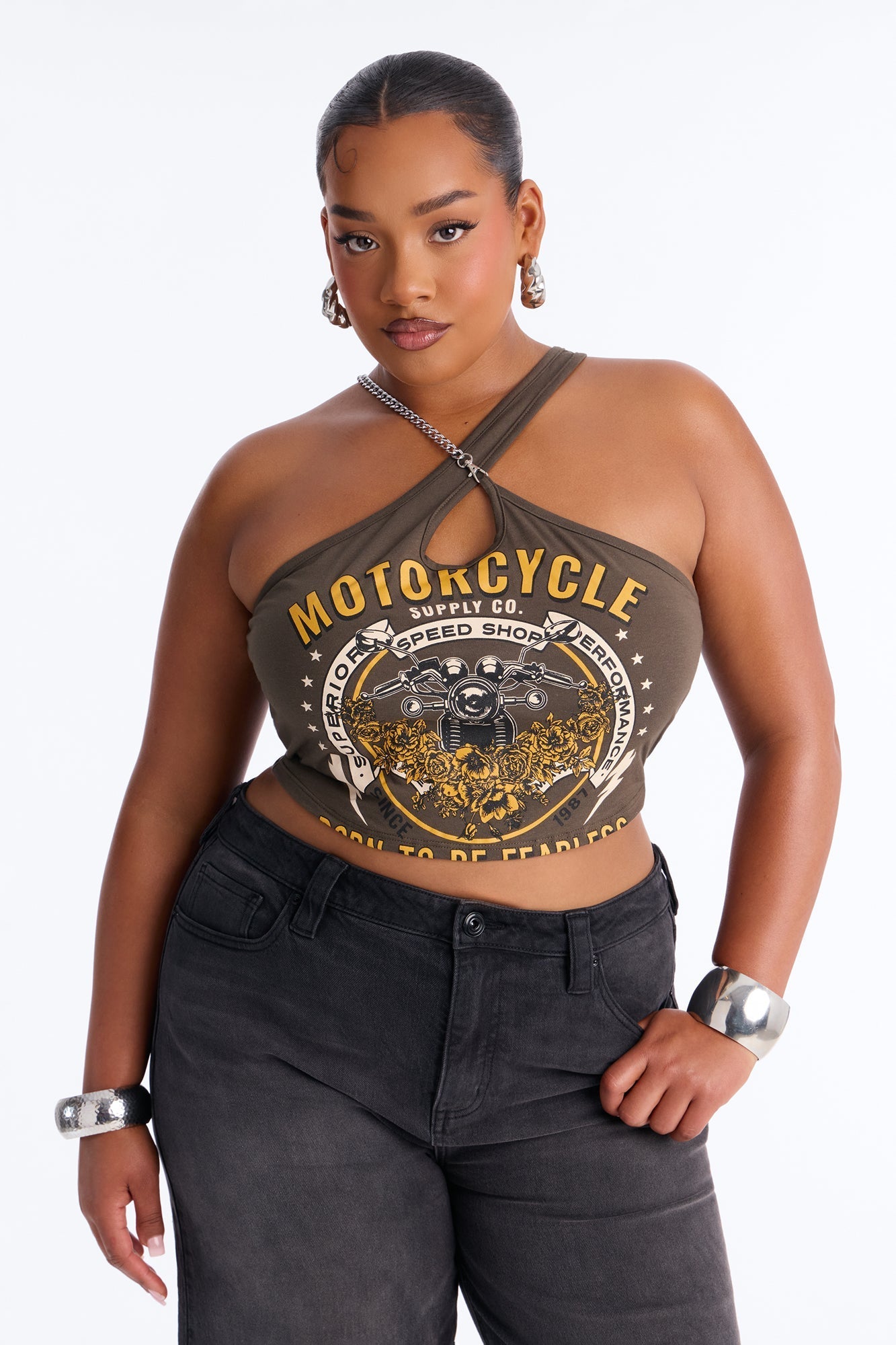 Motorcycle Speed Shop Halter Top - Olive NEWFASHIONEDGE