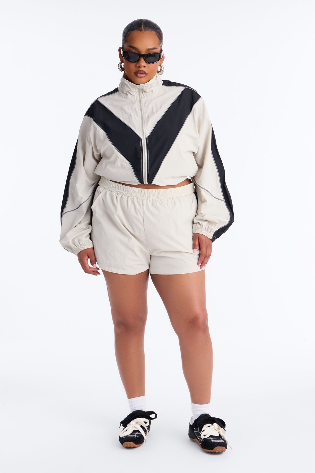 Break A Sweat Windbreaker Funnel Neck Track Jacket - Taupe/combo Fashion Nova