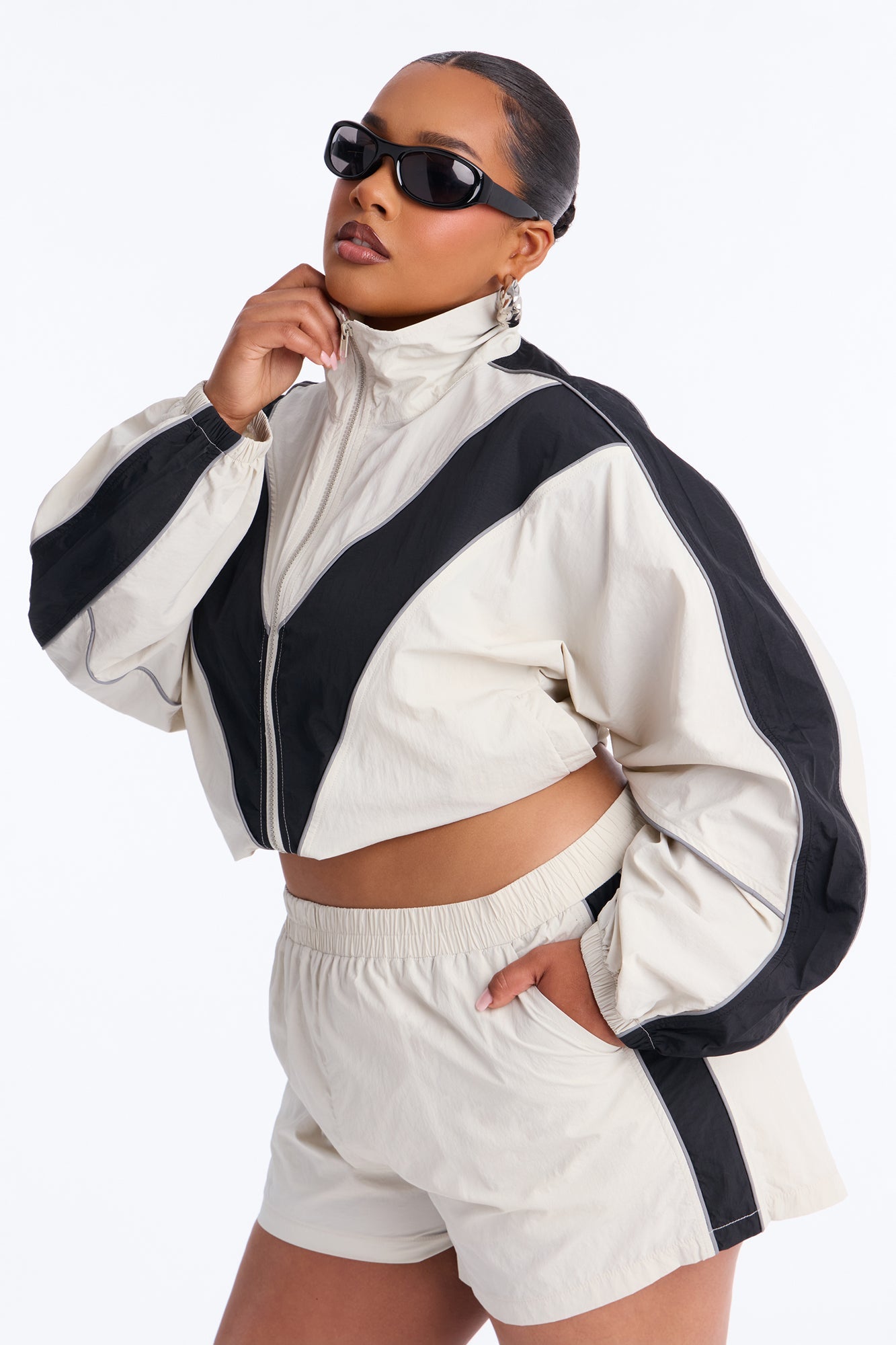 Break A Sweat Windbreaker Funnel Neck Track Jacket - Taupe/combo Fashion Nova