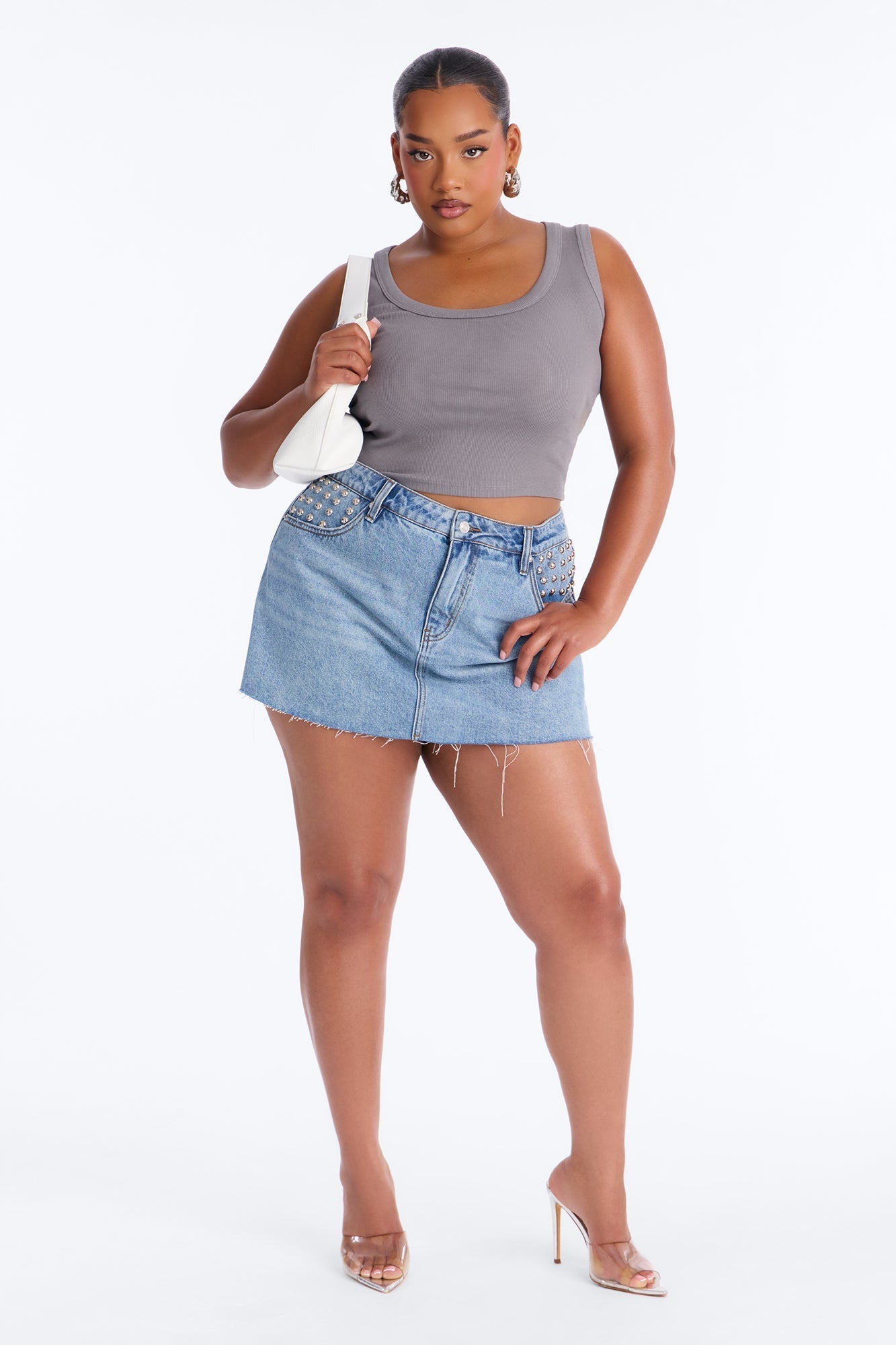 Gone Rogue Studded Denim Mini Skort - Medium Wash NEWFASHIONEDGE