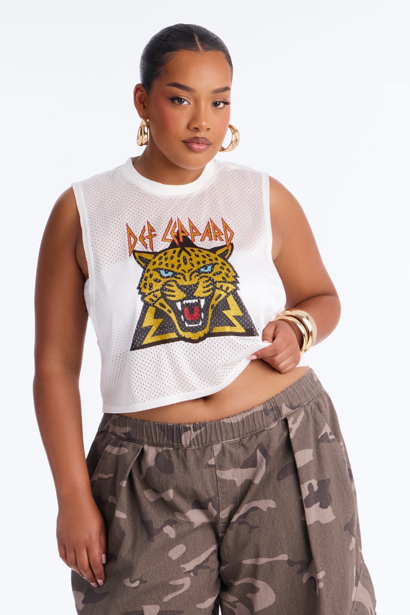 Def Leppard Mesh Cropped Muscle Tee - White NEWFASHIONEDGE