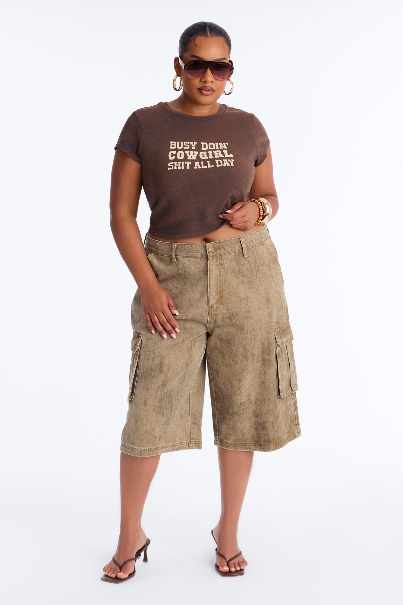 Cowgirl Shit All Day Washed Baby Tee - Brown