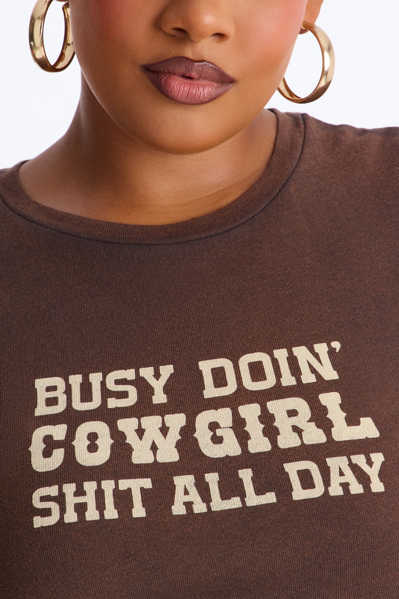 Cowgirl Shit All Day Washed Baby Tee - Brown NEWFASHIONEDGE