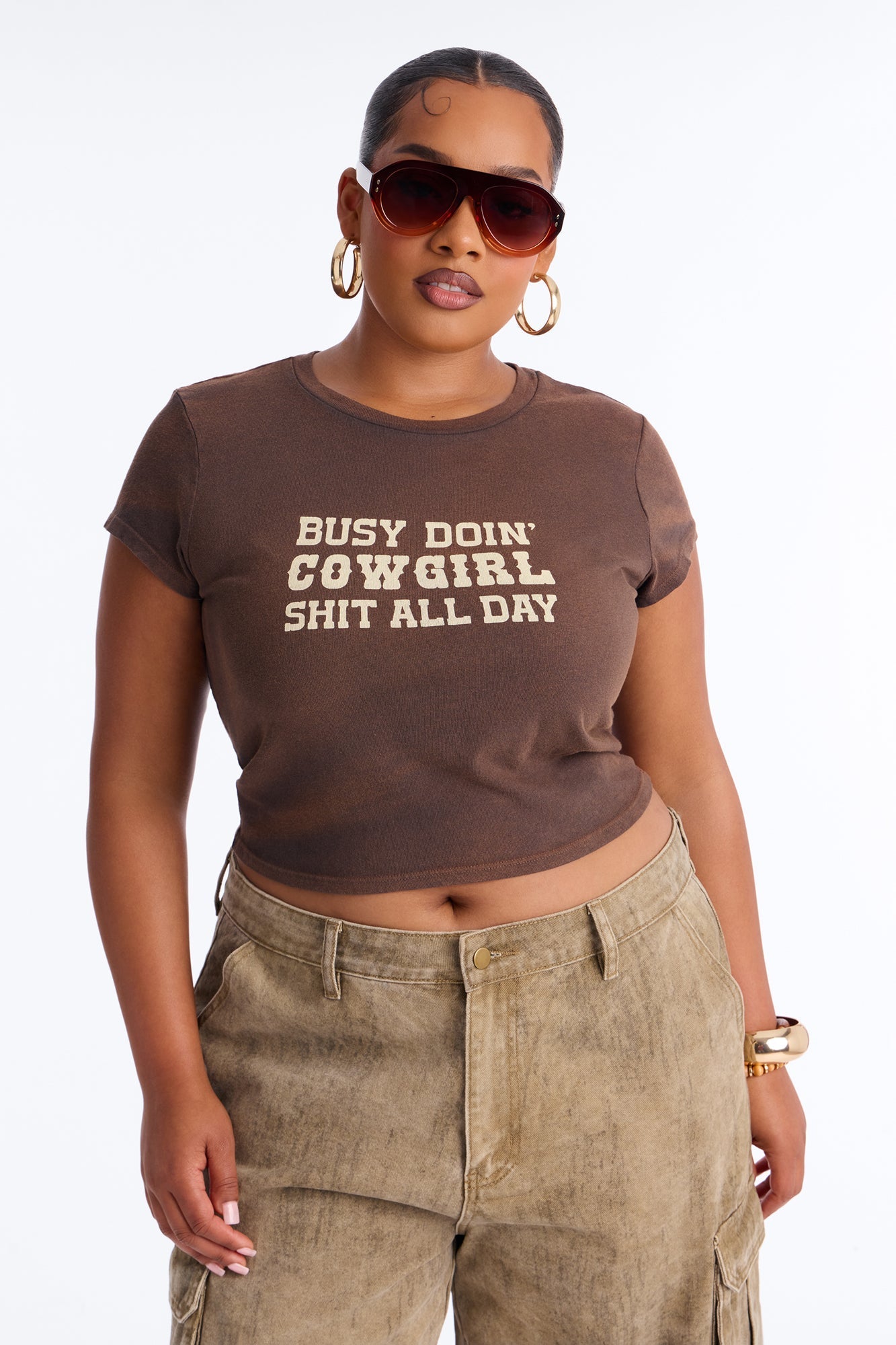 Cowgirl Shit All Day Washed Baby Tee - Brown NEWFASHIONEDGE