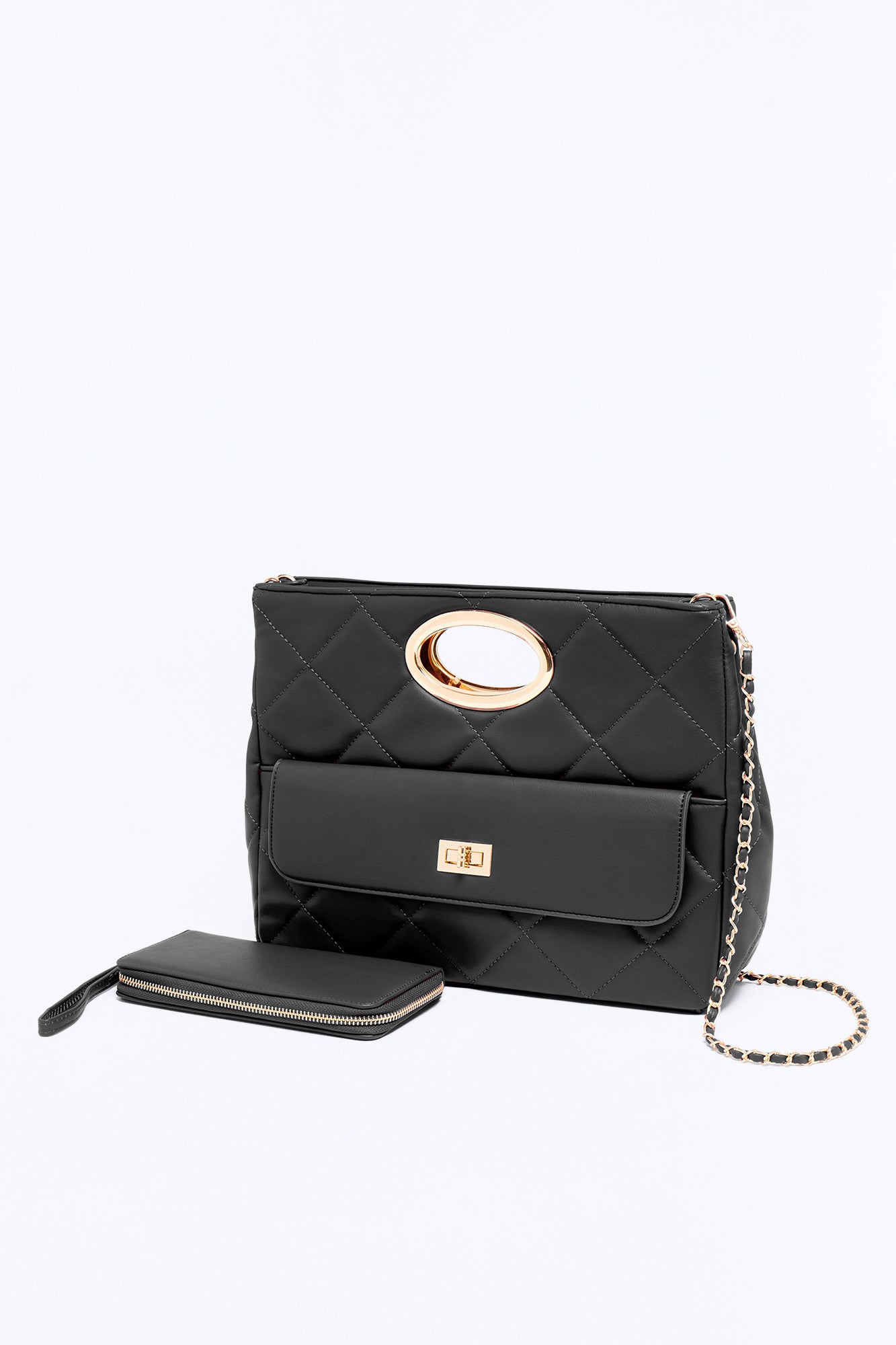 Nine To Five Faux Leather Crossbody Handbag And Wallet Set - Black