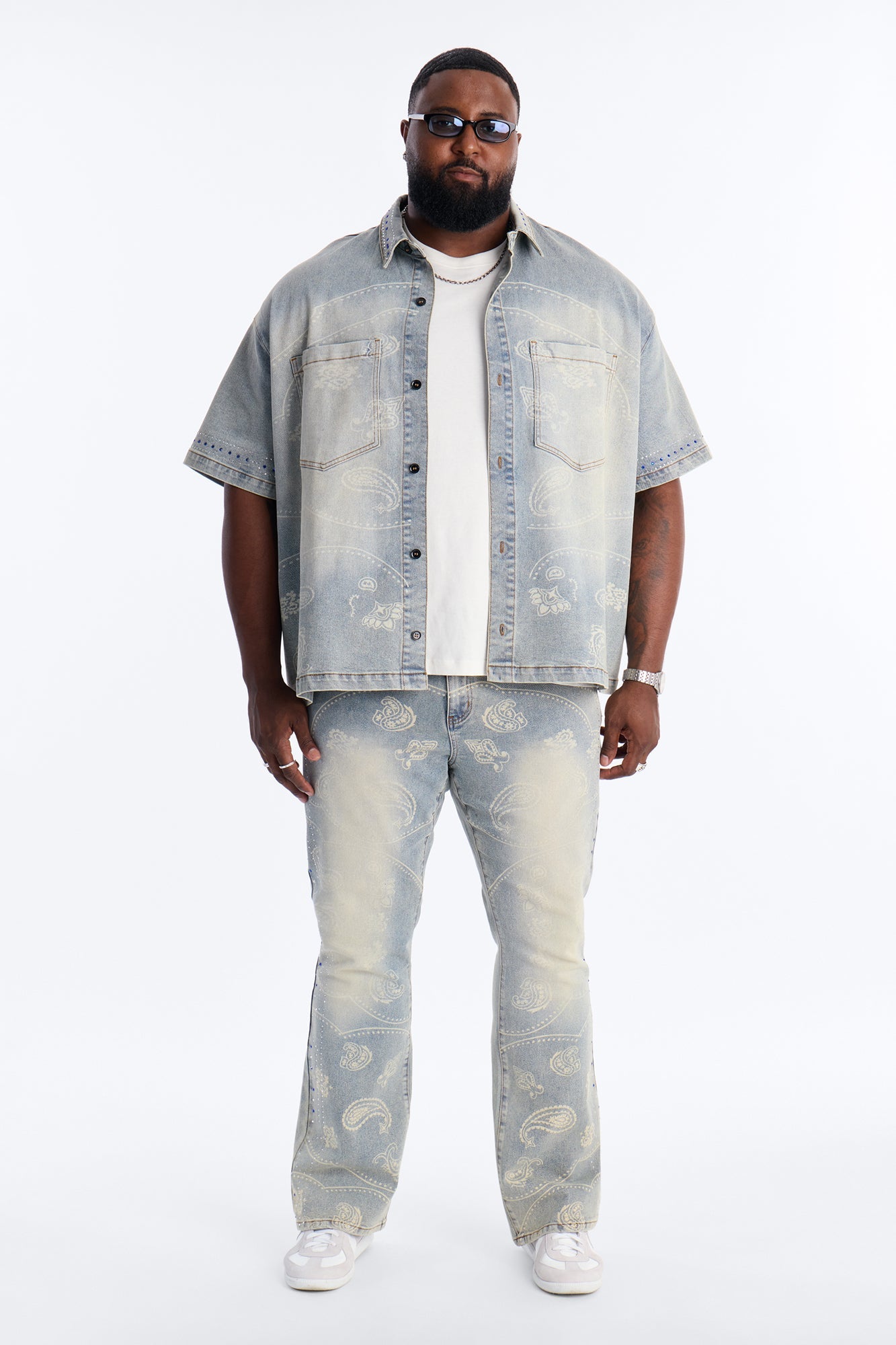 Rhinestone Bandana Boxy Denim Button Up Shirt - Light Blue Wash