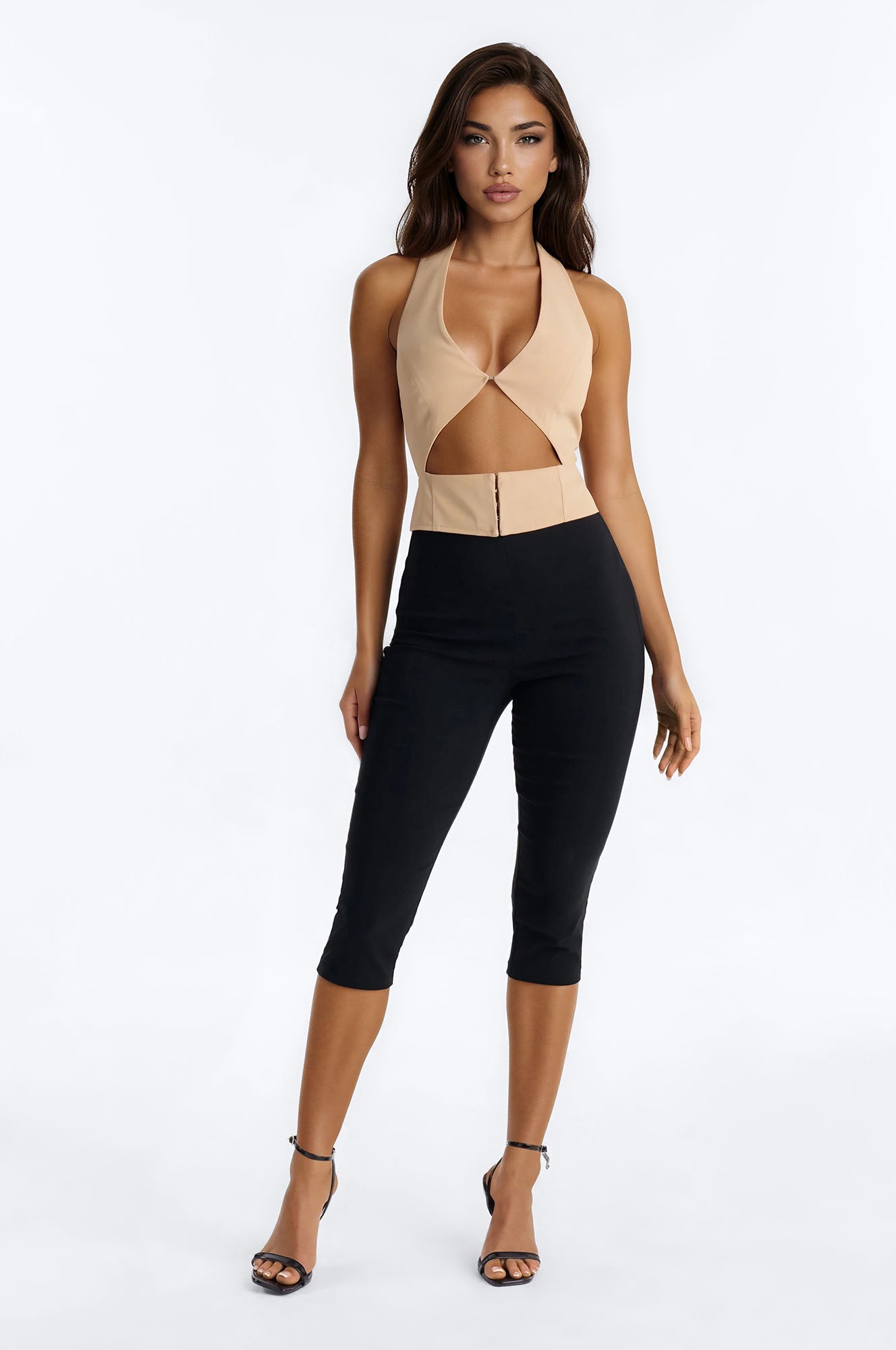 Callie Cut Out Twill Halter Top - Taupe