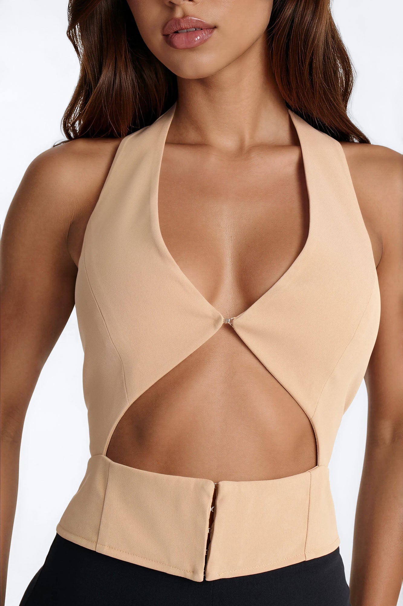 Callie Cut Out Twill Halter Top - Taupe
