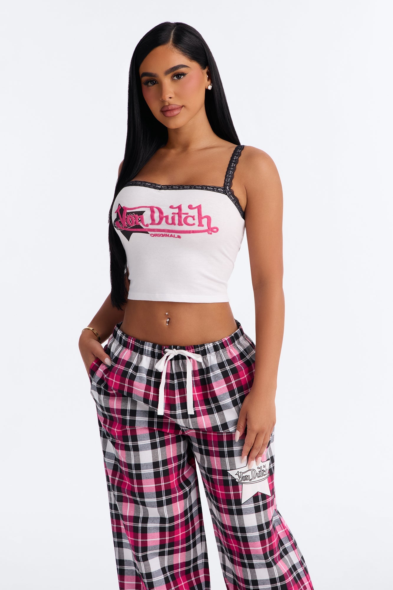 Von Dutch Plaid Star PJ Pant Set - Black/Pink