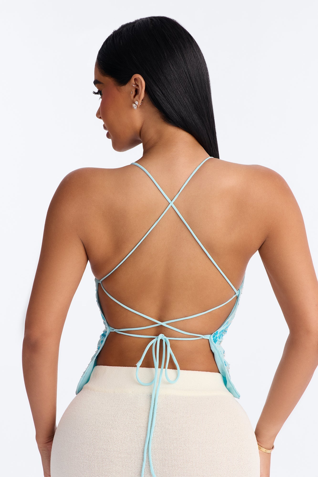 Catch Me Front Row Sequin Strappy Back Top - Light Blue