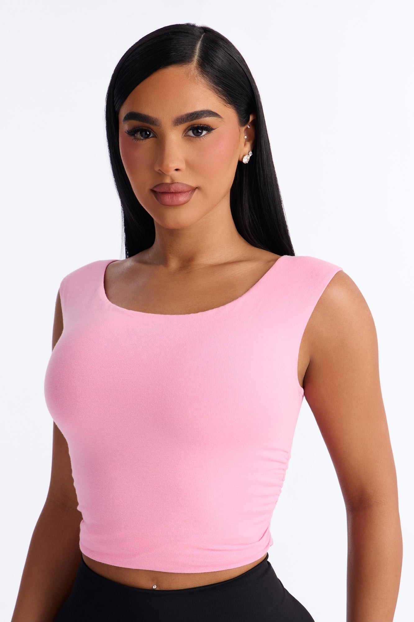 Boat Neck Baby Tee With Side Ruching - Pink