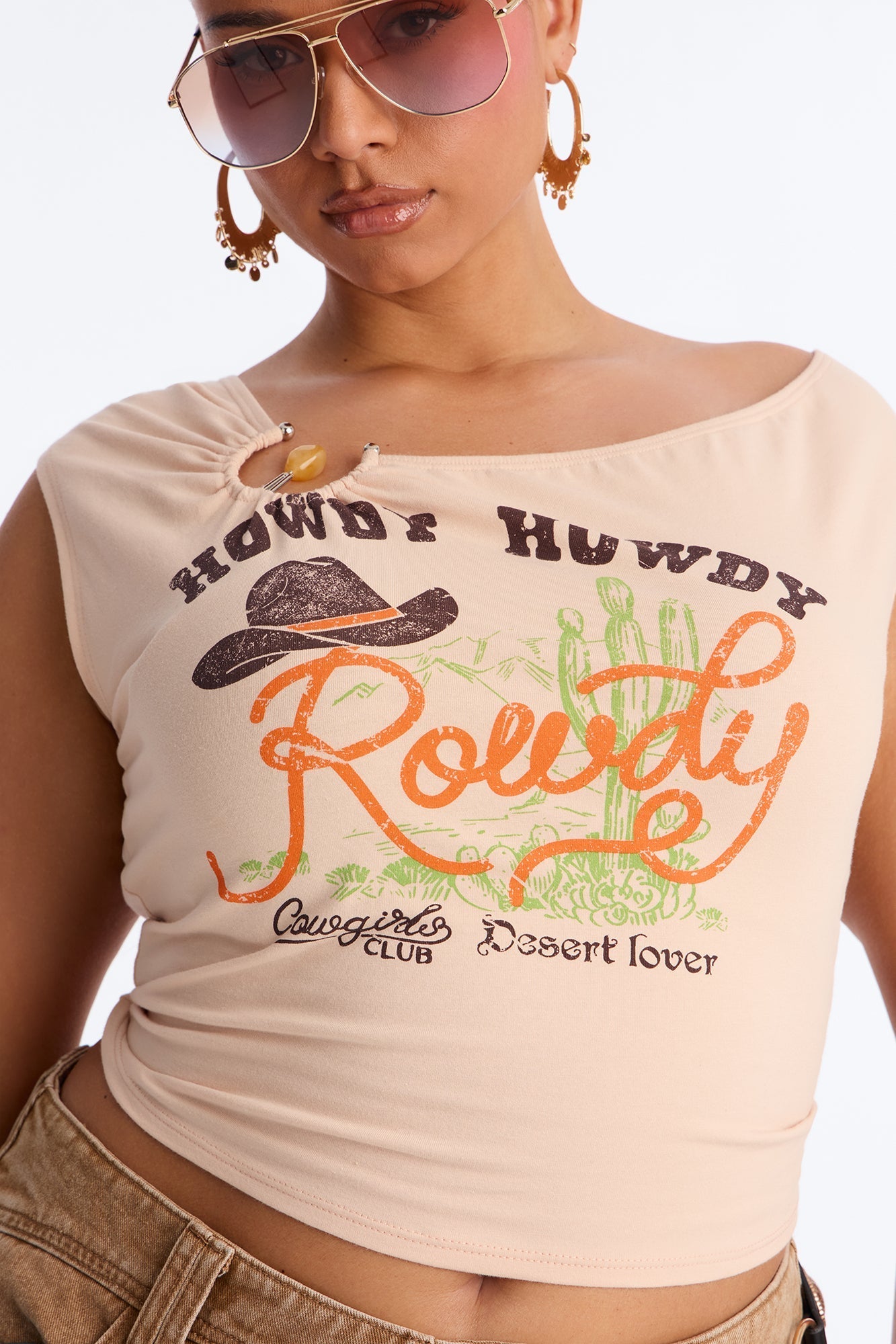 Howdy Howdy Cowboy hardware Top - Taupe