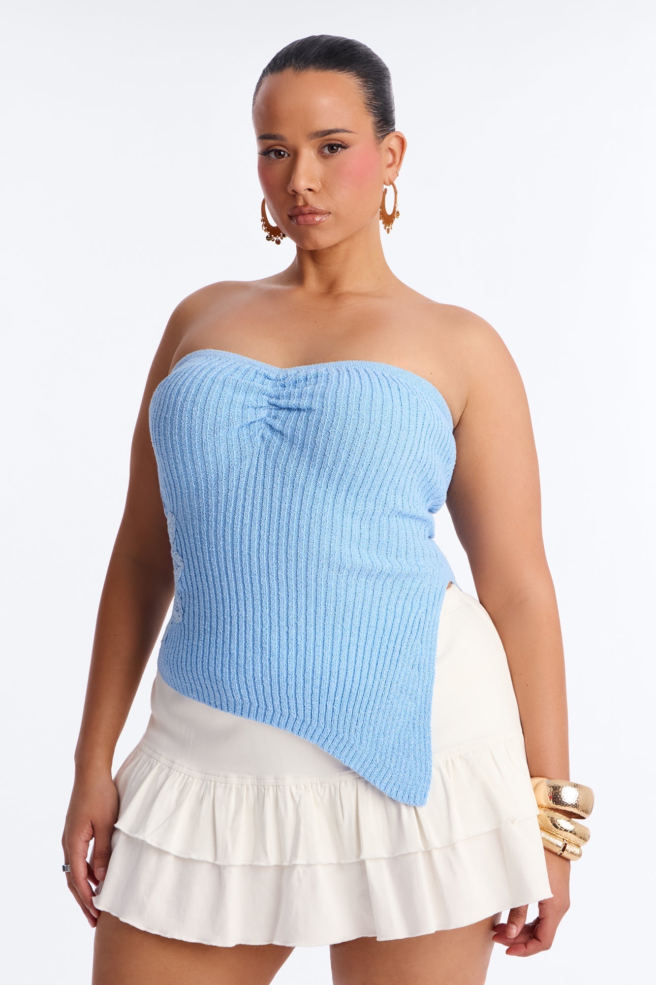 Amelia Asymmetric Strapless Sweater Top - Blue