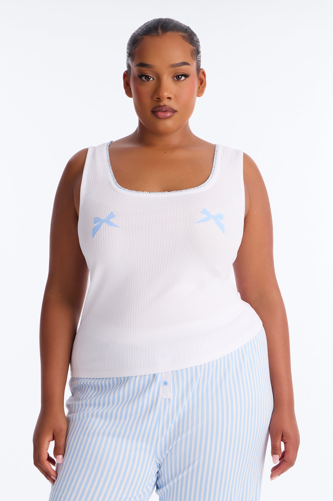 Bow Down Boxer PJ Pant Set - White/Blue Fashion Nova