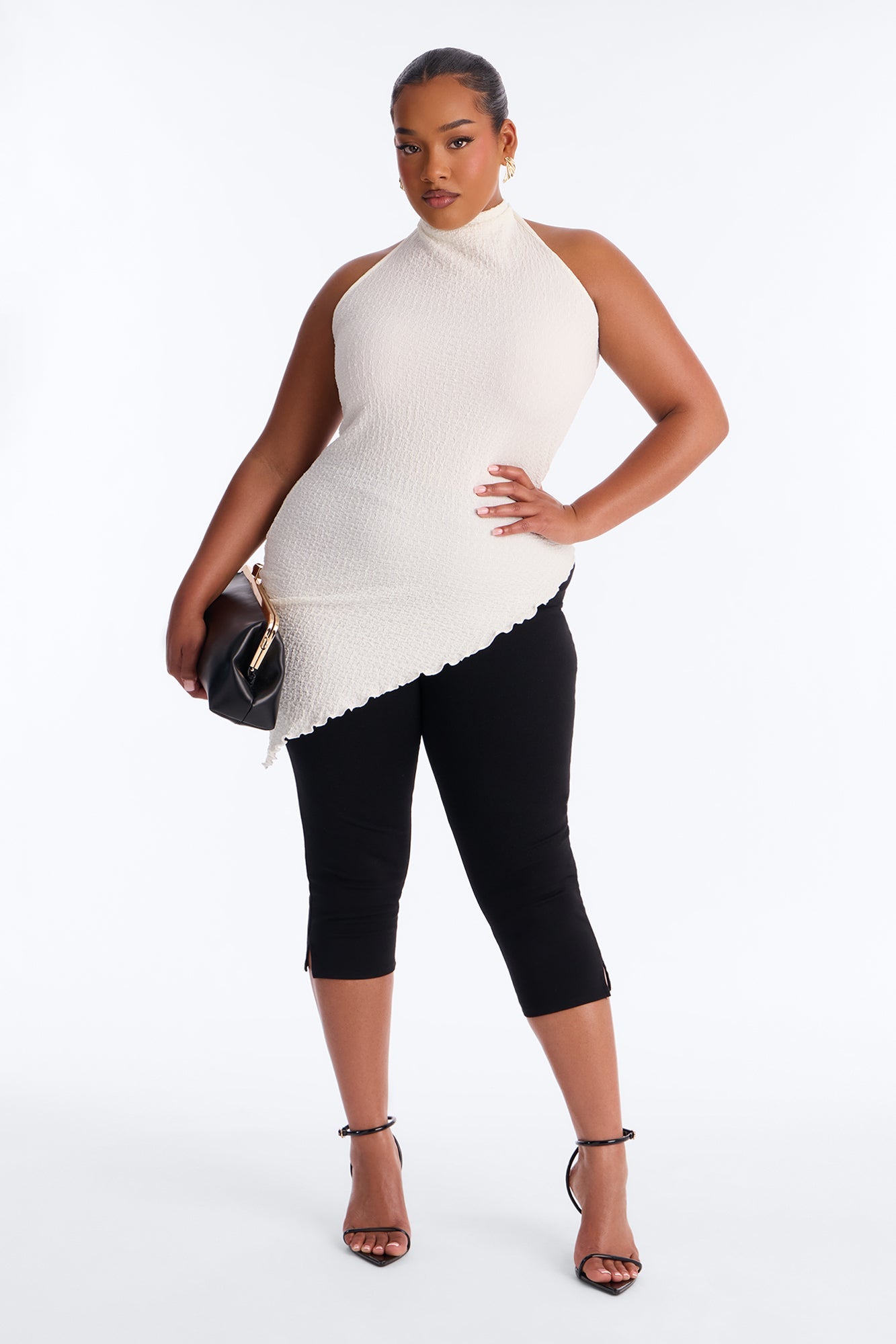 Barbados Textured Asymmetrical Halter Mock Neck Top - Ivory