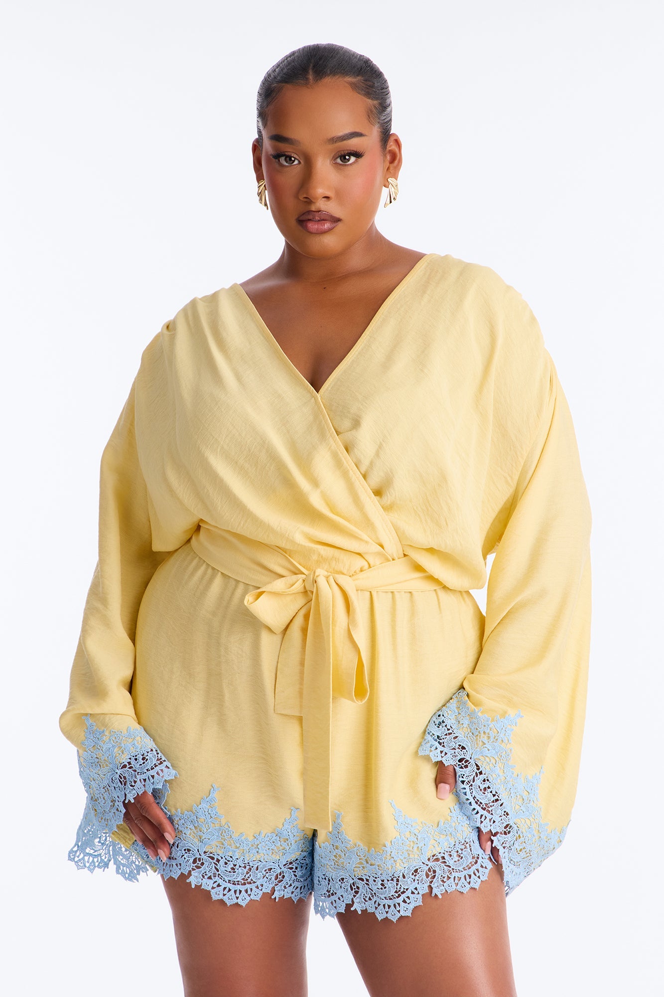 Cherie Lace Trim Tie Waist Romper - Butter Yellow